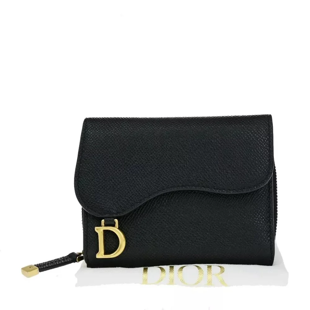 CHRISTIAN DIOR Logo Saddle Trifold Wallet Purse Leather Black
